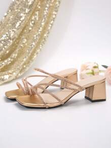 玫瑰金仙女風方頭粗跟涼鞋女時尚法式水鑽高跟鞋適合夏秋 - 玫瑰金 - 查看 7