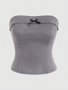 SHEIN Unity Faux Suede Bowknot Decorated Top - Grey - View 1