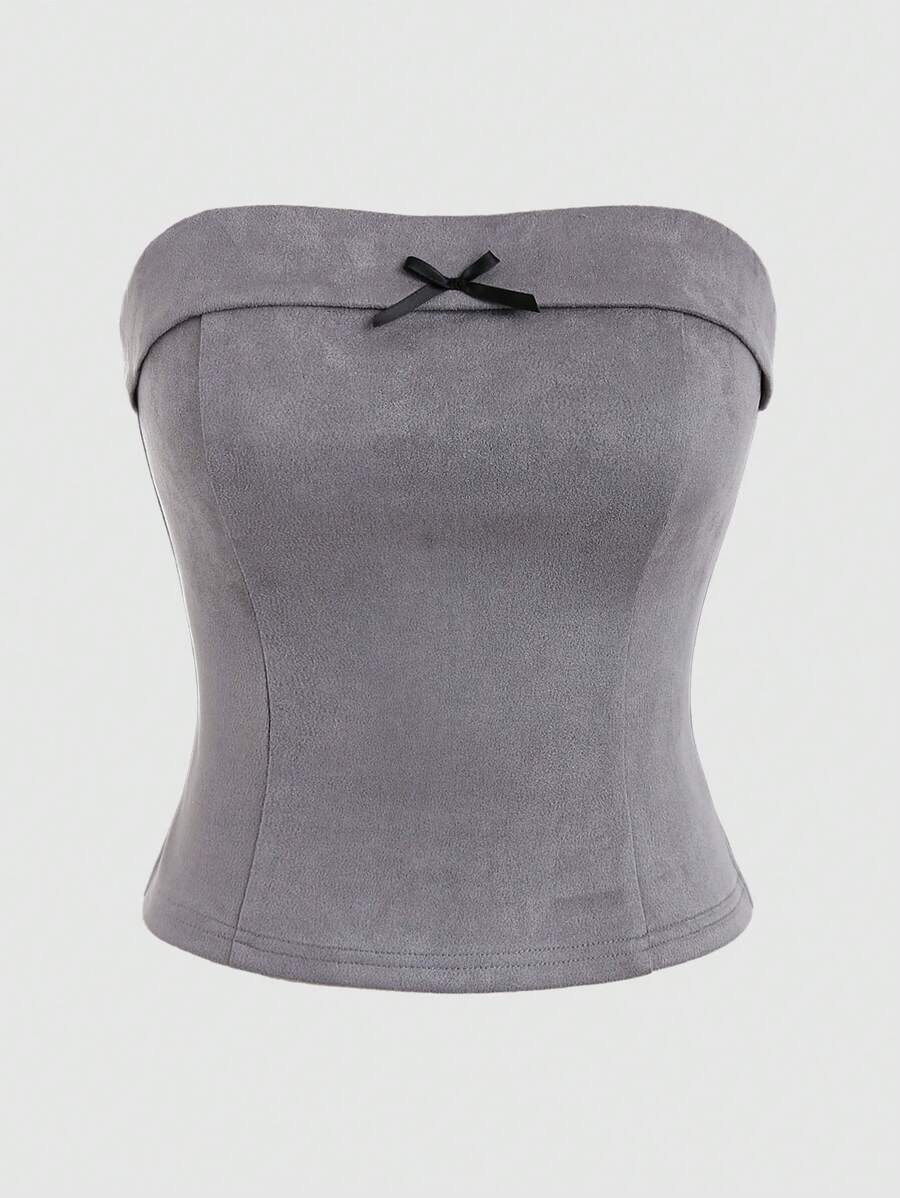 SHEIN Unity Faux Suede Bowknot Decorated Top - Grey - View 1