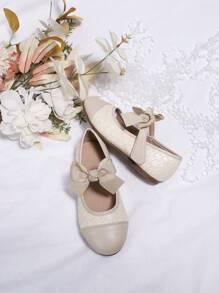 Giày bệt nơ màu mơ cho bé gái, phong cách công chúa dễ thương, phù hợp mặc váy, dự tiệc, đi học, khiêu vũ, mùa thu/đông - Màu be - Xem 3