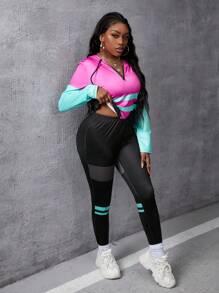 Slaydiva Bộ áo thun dài tay có mũ trùm đầu phối màu và quần legging phối màu dành cho nữ - Nhiều màu - Xem 5