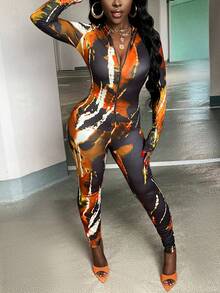 Slaydiva All Over Print Zip-Front Long Sleeve Unitards - Orange - View 4