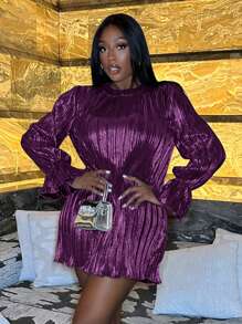 Slaydiva Valentine's Day Dress Music Festival Vacation New Year Clothes Date Elegant And Sexy Girlcult Tight Long Sleeves Ball Women Gown Tea Party Long Sleeve Perple  Women Sxy Semi Formal H Flash Stretch Red Pressed Pleats Drill Dresses - Red Violet - View 4