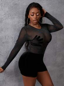 Slaydiva Mesh Splice Velvet Bodycon Romper - Black - View 1