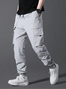 Manfinity Homme Men's Elastic Cuff Cargo Pants Long Plain Light Grey Going Out, For Fall - Light Grey - View 4