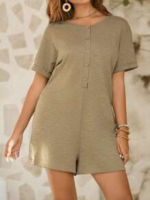 SHEIN VCAY 釦扣式半開襟度假風連身褲,春夏服裝 - 軍綠色 - 查看 3