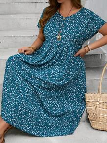 EMERY ROSE Vestido floral con cuello en V, detalles de botones y estampado delicado para mujer de talla grande, primavera y verano