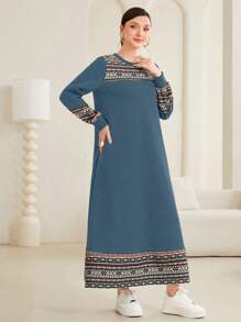 Lacomfia 女士幾何印花拼接毛絨長毛衣 - 藍色 - 查看 3