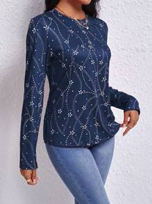 SHEIN LUNE 女士花卉印花長袖t恤 - 藏蓝色 - 查看 5