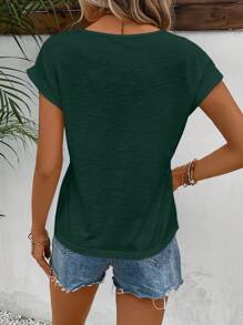 SHEIN Frenchy Màu thuần Ngắn tay Áo thun Với Ren Nối - Màu xanh lá cây đậm - Xem 2