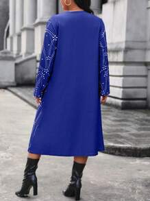 SHEIN Clasi Kích thước lớn Của phụ nữ Hoa In Viền bất đối xứng Tay áo dài Đầm - Xanh đậm - Xem 2