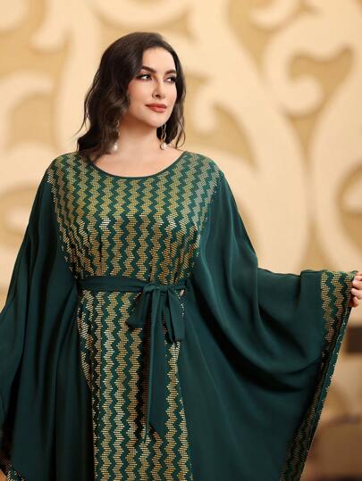 Al Najma Women's Plus Size Loose Fit Round Neck Batwing Sleeve Kaftan Dress With Gold Foil Print