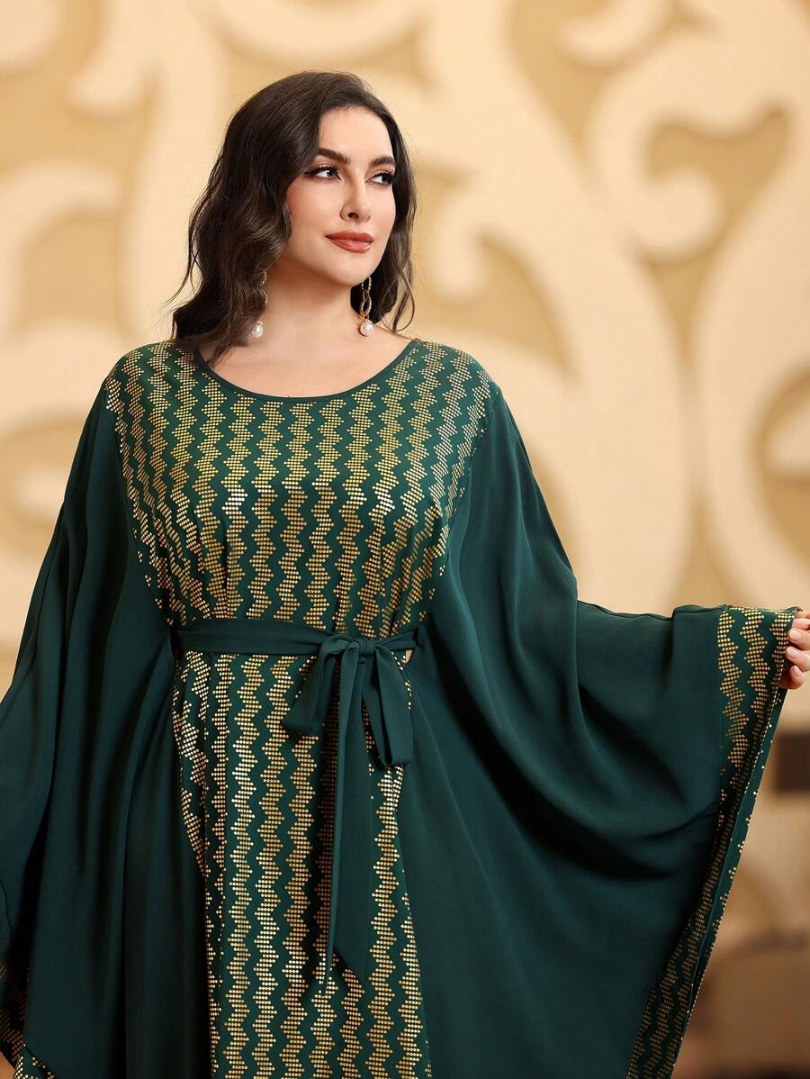 Al Najma 女裝加大碼鬆身連衣裙,圓領設計,金箔印花 - 墨綠色 - 查看 1