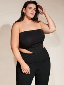 SHEIN BASICS 女性加大碼實色無肩帶上衣,不對稱下擺設計 - 黑色 - 查看 5