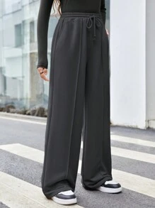 SHEIN Leap Crew 青少年女孩鬆身運動褲,帶斜口袋,純色 - 灰色 - 查看 3