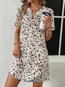 SHEIN LUNE Women's Full Print Notch Neckline Dress - Apricot - View 2