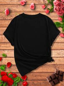 SHEIN LUNE 女士加大碼心形印花圓領短袖t恤 - 黑色 - 查看 2