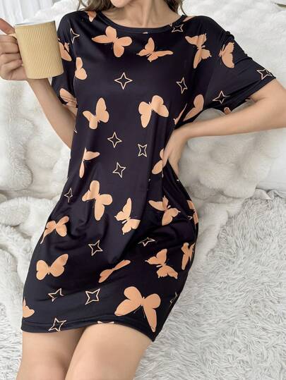 Butterfly Printed Short Sleeve Pajama Nightdress view 6