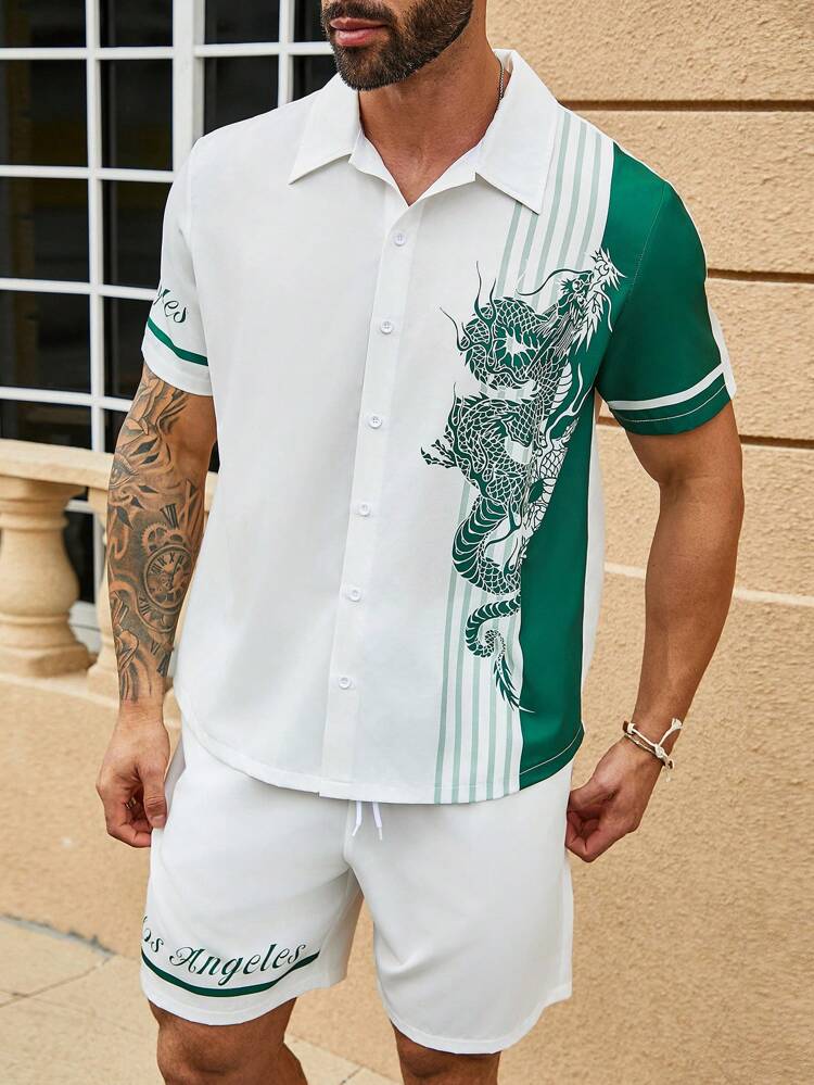 Men Plus Dragon & Stripe Printed Short Sleeve Shirt And Shorts Set
