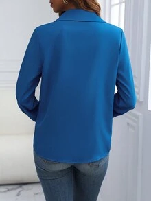 SHEIN Clasi 女士純色長袖襯衫 - 藍色 - 查看 2