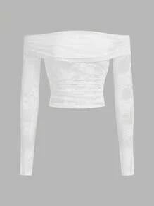 SHEIN BAE 女士浪漫情人節約會性感透明蕾絲露肩長袖白色t卹 - 白色 - 查看 8