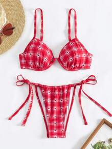 SHEIN Swim 女士可爱心形和格子印花比基尼套装夏季海滩 - 紅色 - 查看 7