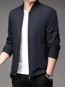 男士格紋拉鍊前襟棒球領夾克衫,印花設計 - 藏蓝色 - 查看 4