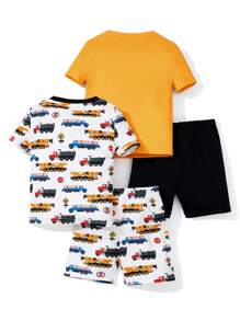 SHEIN Il set di Pigiama in maglia aderente per Bambino con motivo di una macchina divertente, maniche corte e pantaloncini