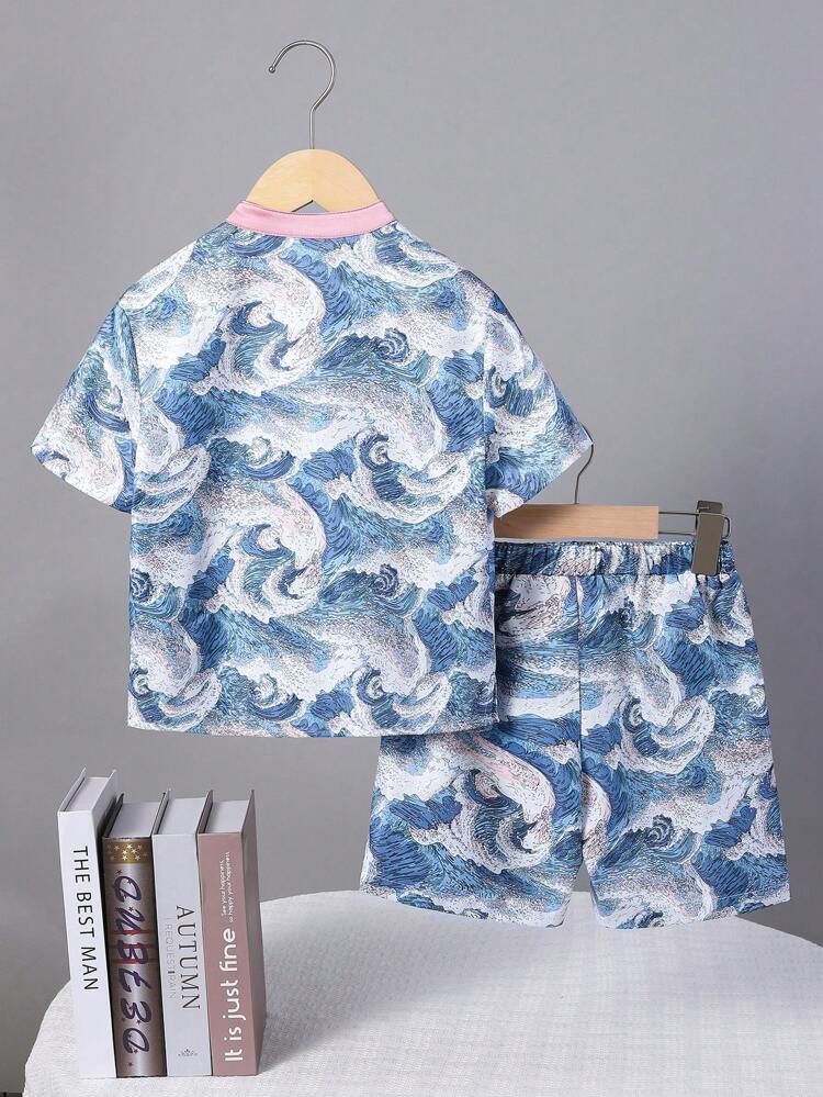 Young Boy Casual Wave Printed Stand Collar Shirt And Shorts Chinese Style Clothes