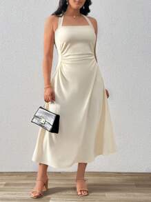 SHEIN Privé 大尺碼女士露背褶皺淺杏色a字裙,優雅且適合日常/約會 - 杏色 - 查看 3