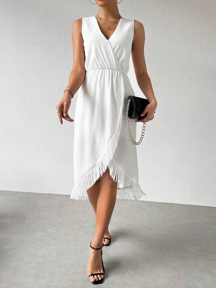 V-Neck Fringe Trim Wrap Dress For Music Festivals, Wedding Season, And Vacation