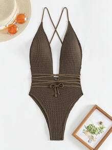 SHEIN Swim 夏季海灘女性性感深V字型交叉肩帶一件式游泳衣泳衣 - 咖啡棕 - 查看 4