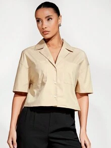 SHEIN BASICS Của phụ nữ Ngắn tay Thả vai Áo sơ mi - Màu Khaki - Xem 9