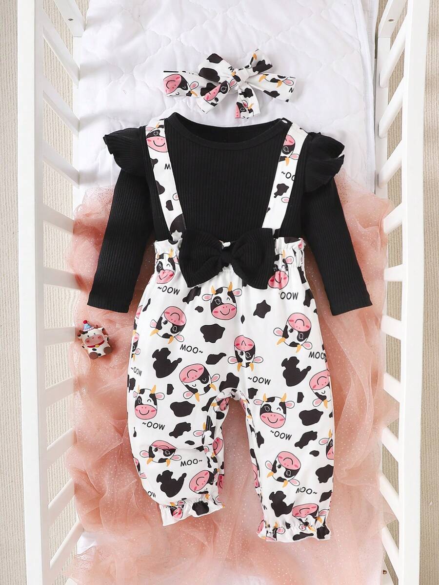 Baby Girl's 2 In 1 Cap Sleeve Jumpsuit With Big Bowknot And Cow Print - Black - View 1