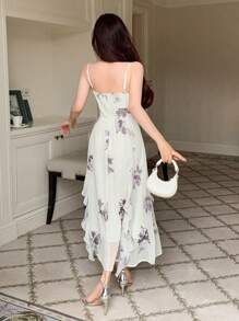 DAZY 女士花卉印花褶皱腰吊带裙，生日、新年除夕夏季优雅太阳裙，休闲女士连衣裙舞会礼服 - 白色 - 查看 2