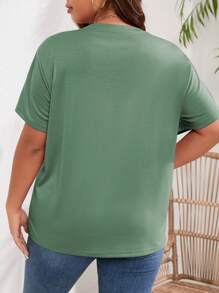 INAWLY 大尺碼女豹紋笑臉圖案圓領 T 卹 - 墨綠色 - 查看 2