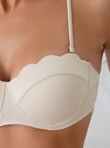 SHEIN Swim 夏季沙灘海貝邊緣細節純色比基尼套裝婚禮 - 米色 - 查看 5