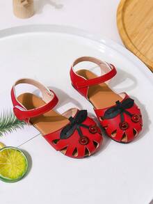女童春夏新款紅色可愛平底涼鞋,幼兒日常休閒空心平底鞋,圓頭 - 紅色 - 查看 1