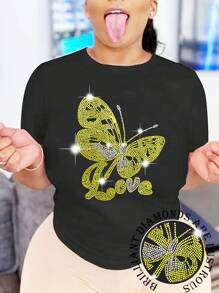 Calvaya Plus Size Women'S Short Sleeve Butterfly & Letter Rhinestone Embellished T-Shirt - Multicolor - View 1