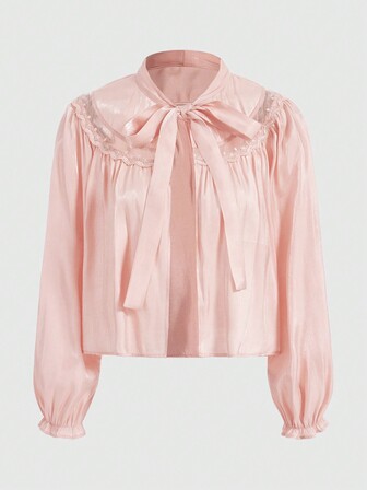 Kawaii Damenbluse Mit V-ausschnitt Und Glockenärmeln Zum Binden