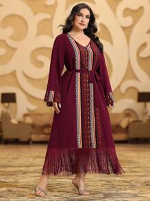 Al Najma 勃艮第红色女士加大码几何印花 V 领流苏拼接连衣裙 - 酒紅色 - 查看 5