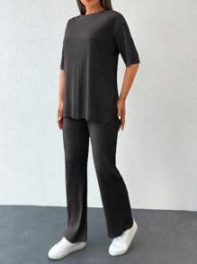 Cottnline Solid Drop Shoulder Tee & Pants - Dark Grey - View 4