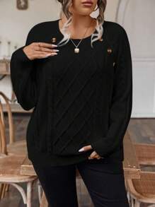 SHEIN LUNE Plus Size Women's Raglan Long Sleeve Sweater - Black - View 1