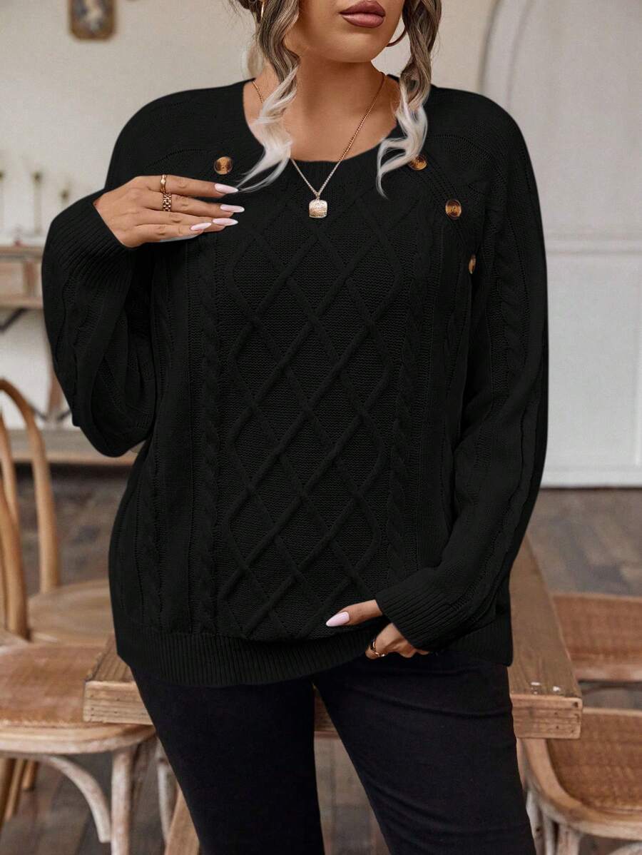 SHEIN LUNE Plus Size Women's Raglan Long Sleeve Sweater - Black - View 1