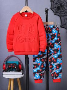 SHEIN 年輕男孩立體印花運動套裝 - 紅色 - 查看 1