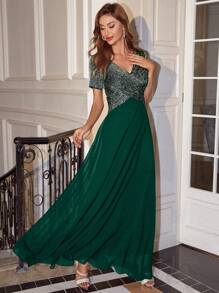 UNITHORSE 撞色亮片交叉连衣裙 女士礼服 优雅新娘母亲礼服、新娘礼服、生日服装、毕业礼服