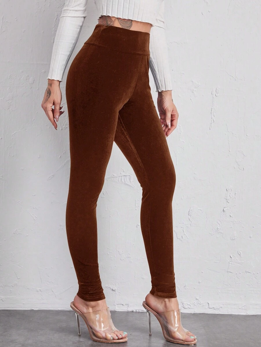 SHEIN Privé 女士高腰麂皮打底褲 - 棕色 - 查看 1