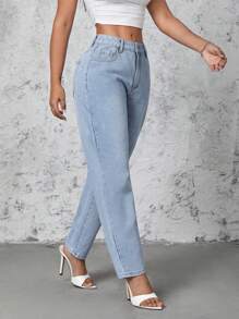 SHEIN Pantalones De Mezclilla De Corte Mom Lavado En Azul Claro Para Mujeres - Lavado ligero - Ver 5