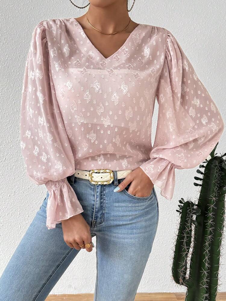 Women's V-Neck Ruffle Trim Long Sleeve Blouse
