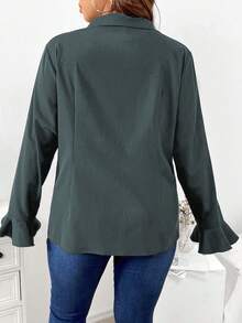 SHEIN Clasi 大尺寸純色荷葉邊喇叭袖襯衫 - 灰色 - 查看 2